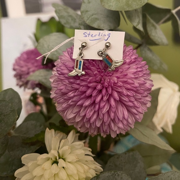 Sterling silver cowboy boots earrings turquoise - Picture 6 of 8